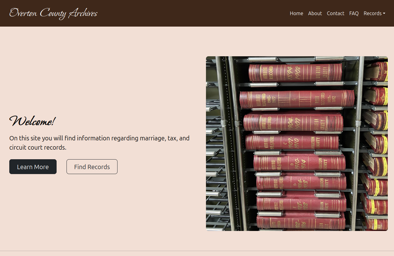 A screenshot of the Overton County Archives website