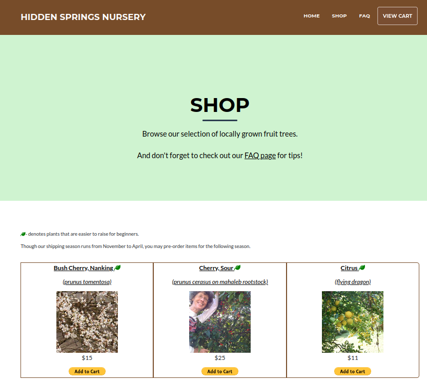 A screenshot of the Hidden Springs Nursery website