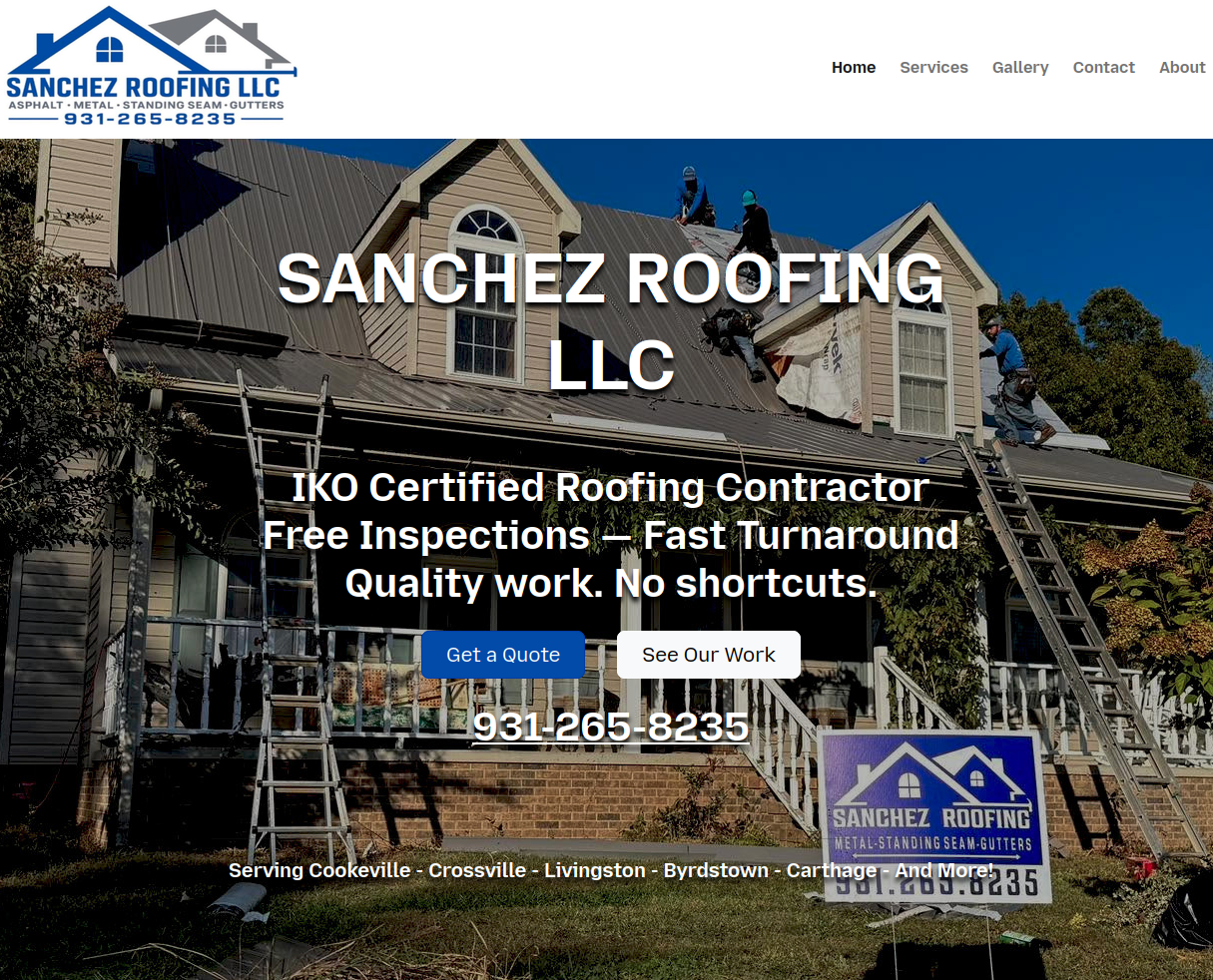 A screenshot of the Sanchez Roofing website